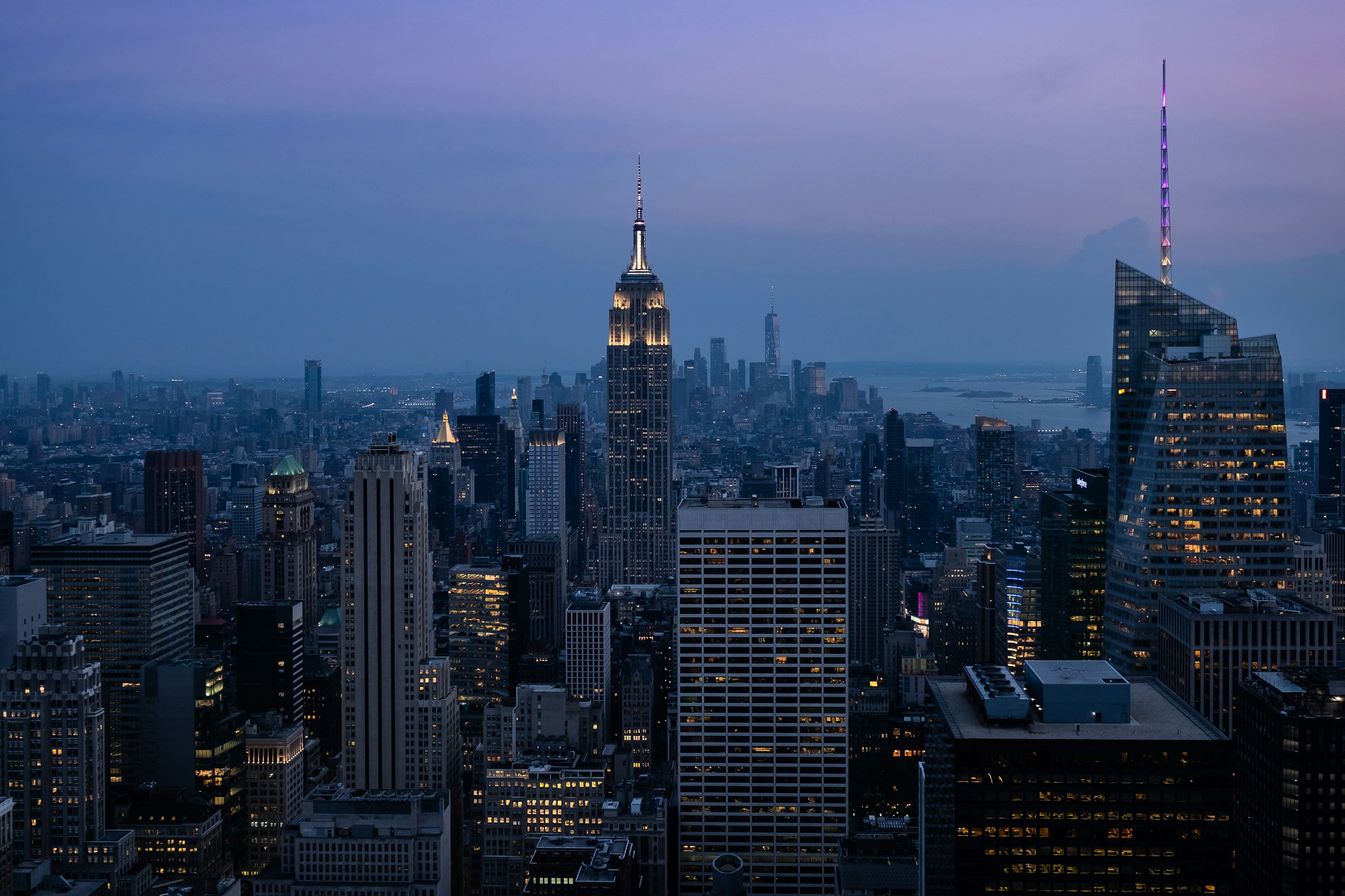 Aerial view of the Empire State Building and the Manhattan skyline at blue hour